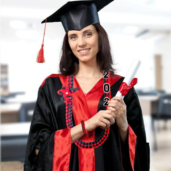 Summercome Graduation Leis, Class of 2024 Graduation Ribbon, Double Braided Necklace Handmade Congrats Graduates Leis for Graduation Party Accessories (Black & Red, 1 Pcs)