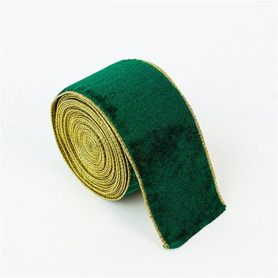 Summercome Green Velvet Wired Ribbon 2.5 Inch Metallic Gold Crushed Velvet Christmas Ribbon for Gift Wrapping Christmas Tree Decoration Crafts Wreaths Supplies-Continuous 2 Yards