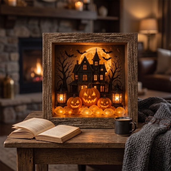 Summercome Halloween Shadow Box Frame DIY Lighted Craft Kit, Memory Box Display Case with Crystal Glass & Wooden Frame, LED Night Light Indoor Gothic Decor (Witch Pumpkin)