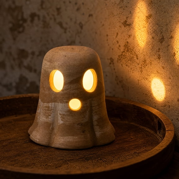Summercome Halloween Terracotta Ghost Decoration, Handmade Clay Ghost Halloween Tealight Holder Rustic Farmhouse Fall Home Decor for Table