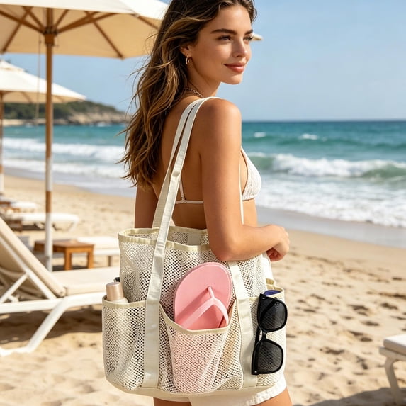 Summercome Large Mesh Beach Tote Bag, Pool Bags with 2 Inner Zipper Waterproof Pockets for Family Pool Bag for Swim Toys Towels Cruise Vacation Essentials, Beige
