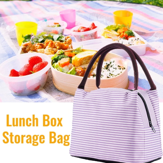 Summercome Lunch Bags, Reusable Striped Lunch Tote Bags Simple Design, Portable Lunch Cooler Bag for Women, Large Lunch Holder Insulated Lunch Box Bag for Picnic Office Beach (Purple)