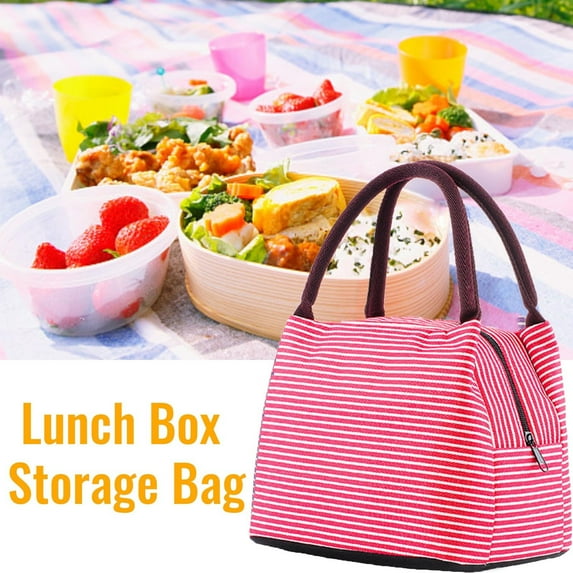 Summercome Lunch Bags, Reusable Striped Lunch Tote Bags Simple Design, Portable Lunch Cooler Bag for Women, Large Lunch Holder Insulated Lunch Box Bag for Picnic Office Beach (Hot Pink)