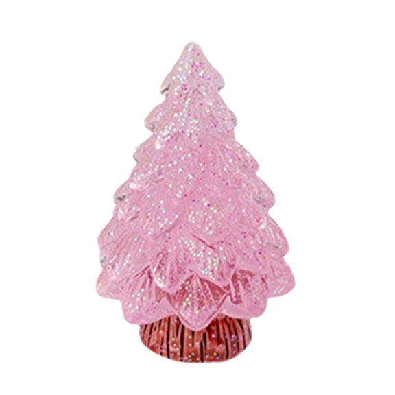 Summercome Mini Glitter Christmas Tree Figurines Glow in The Dark Xmas Luminous Resin Tree Miniature for Holiday DIY Crafts Garden Micro Landscape Party Home Tabletop Decoration, Pink