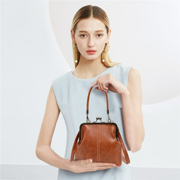 Summercome Mini PU Leathers Crossbody Bag For Women, 2025 Womens Small Brown Leather Tote Kiss Lock Purse Handbag for Daily Life (Brown)