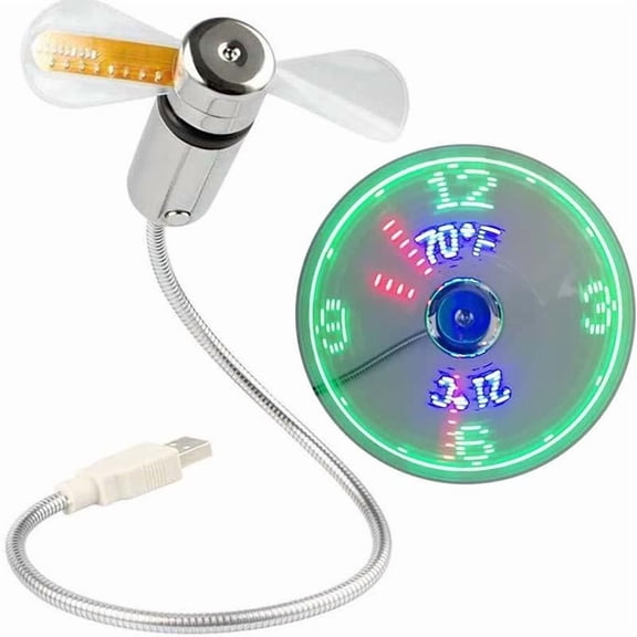 ZhangC Mini USB LED Clock Fan, Hologram Clock Fan, USB Powered Desktop Fan with Real Time Clock and Temperature Display for Office Desk and Study Cooling