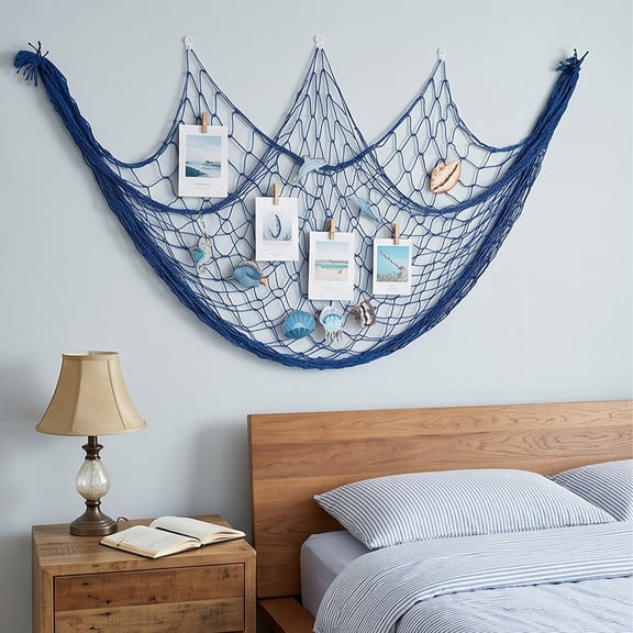 Summercome Nautical Fish Net Decoration with 12 Pcs Starfish Shells Seahorse Sea Animals Decor, 78x39 inch Decorative Fishing Net for Party Beach Themed Room Wedding Hanging Photo Wall Decor