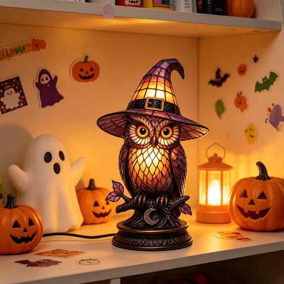 Summercome Owl Witch Hat Lamp Halloween Decor, Gothic Witch Hat Night Light, Handcrafted Retro Resin Witch Lamp, Gothic Wizard Hats Night Light, Halloween Decorations for Bedroom & Bookshelf