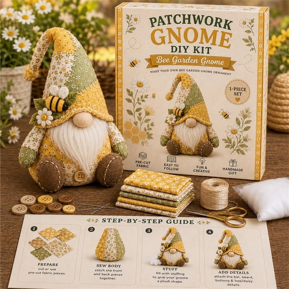 Summercome Patchwork Gnome DIY Kit, Christmas Gnome Patchwork Kit, 3D DIY Sewing Project Set Felt Doll Sewing Craft, Includes All Materials for Adults & Beginners, Home Decor & Gift