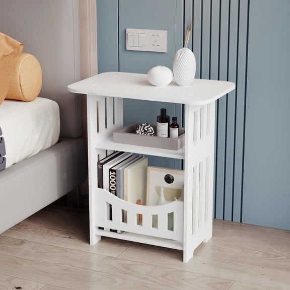 Summercome Small Narrow Side Table, 3-Tier Skinny End Table with Storage Shelf, Slim Nightstand Bedside Table for Small Spaces, Living Room, Bderoom, White