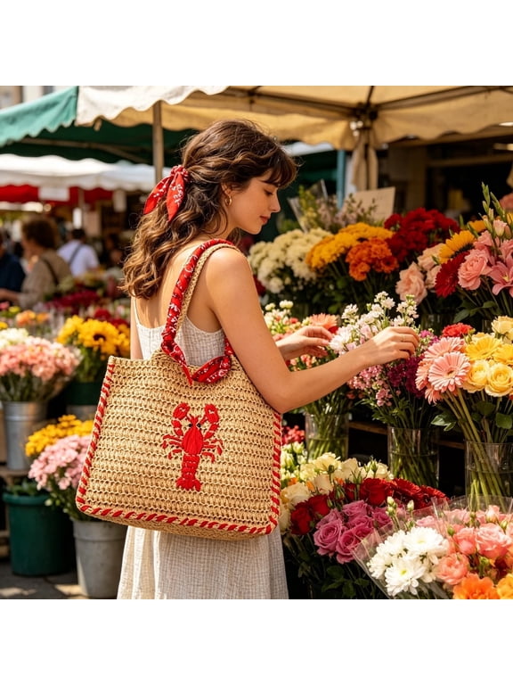 Summercome Straw Beach Bags for Women, Cute Lobster Embroidery Design Hand Crochet Boho Raffia Bag for Women, Summer Woven Vacation Beach Tote & Purse