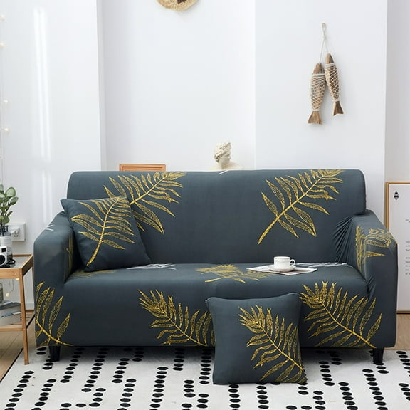 Summercome Stretch Sofa Covers, Suit for 2 Cushion Couch Loveseat Slipcovers, Printed Loveseat Cover, Universal 2 Seater Couch Cover, Gold Leaves