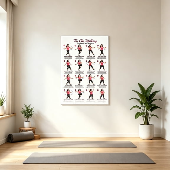 Summercome Tai Chi Workout Chart Poster, Gentle Tai Chi Exercises for Women and Beginners, Adult Home Fitness Guide Wall Decor, Slow Flow Exercise Daily Movement for Gym Decor 12x16in Unframed