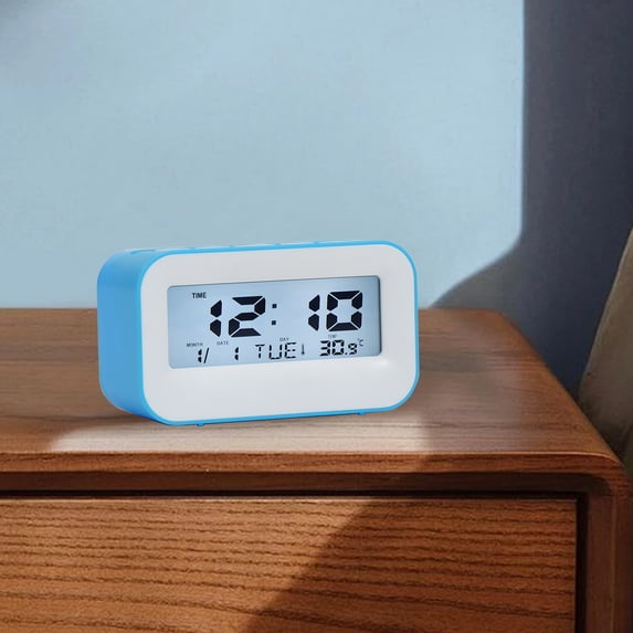 Summercome Upgraded Digital Alarm Clock, HD LED Display, Date Day Temperature Display, Portable Snooze Calendar Alarm Clock, Battery Powered Alarm Clocks Bedside for Everyone (Blue)