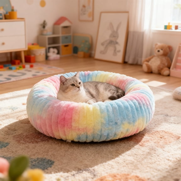 Summercome Washable Small Cat Dog Bed, Calming Anti Anxiety Round Donut Dog Bed, Cute Kitten Cat Beds for Indoor Cats, Fluffy Puppy Dogs Beds for Small Dogs, Anti-Slip Comfort Pet Bed (Multicolor)