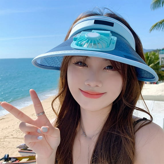 Summercome Women Sun Visors Hat with Fan, Hat with Rechargeable Fan Built in, Summer Wide Brim Visor with 3 Gear Wind Speed Fan, Blue