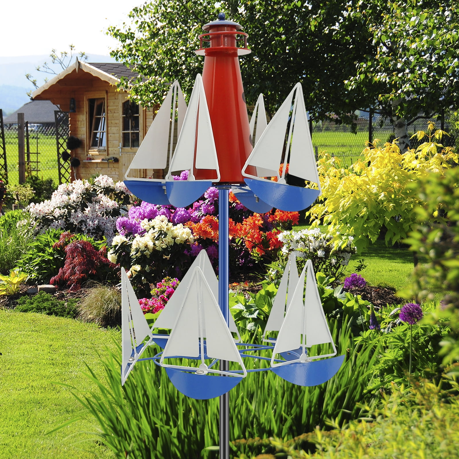 Ghojet Sailboat Windmill Decor Metal Lighthouse Sailing Wind Spinner