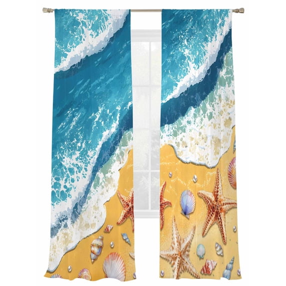 Summers Coastal Sheer Curtains 2 Panels Set Gradient Color Shells Watercolor Starfish Sheer Window Curtains Light Filtering Rod Pocket Voile Drapes for Bedroom Living Room 52"X108"