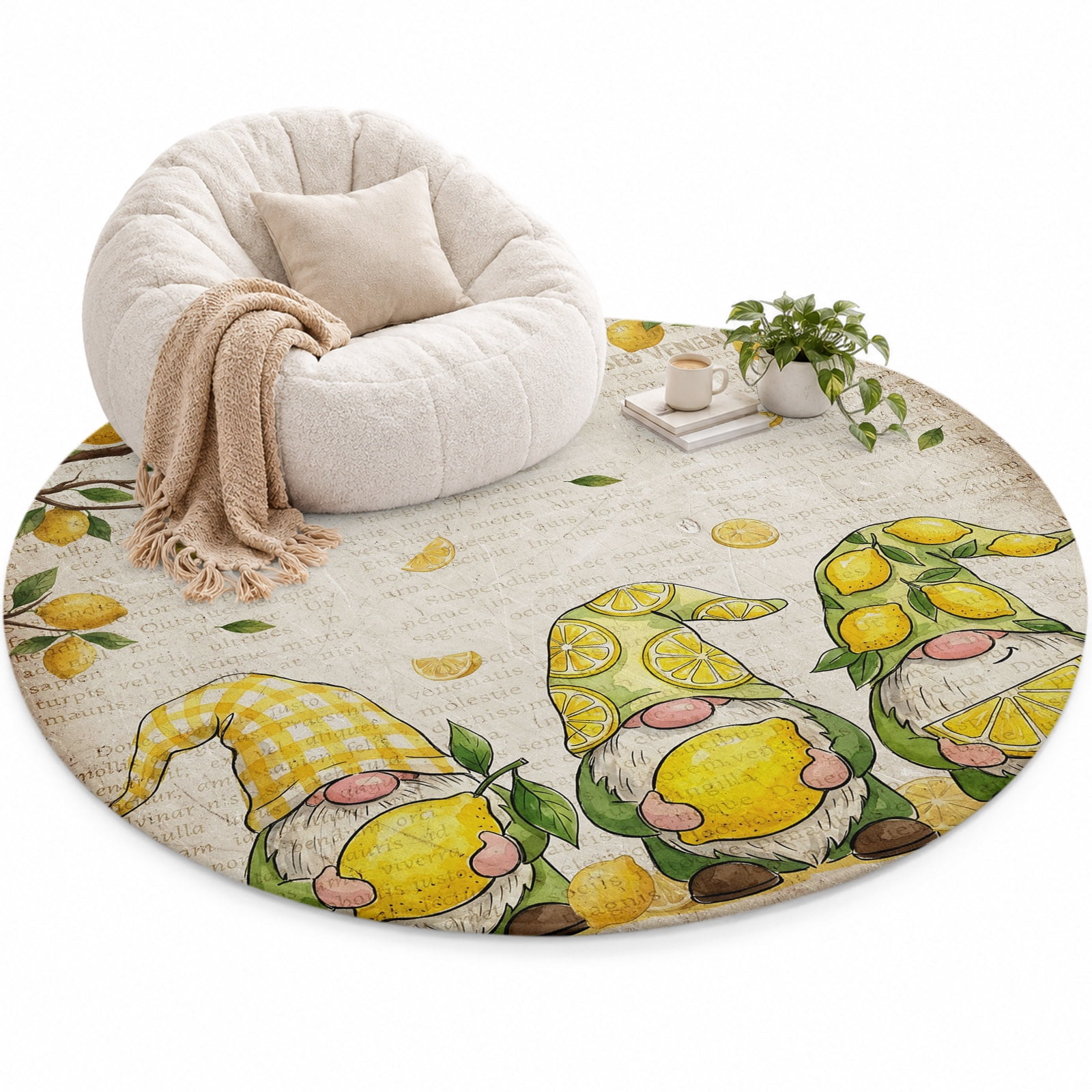 Summers Lemon Gnomes Area Rug 4', Farm Yellow Fruit Green leaf ...