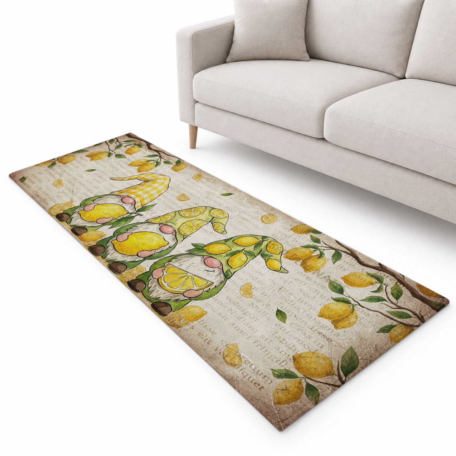 Summers Lemon Gnomes Runner Rug 2.6'x8', Farm Yellow Fruit Green leaf ...