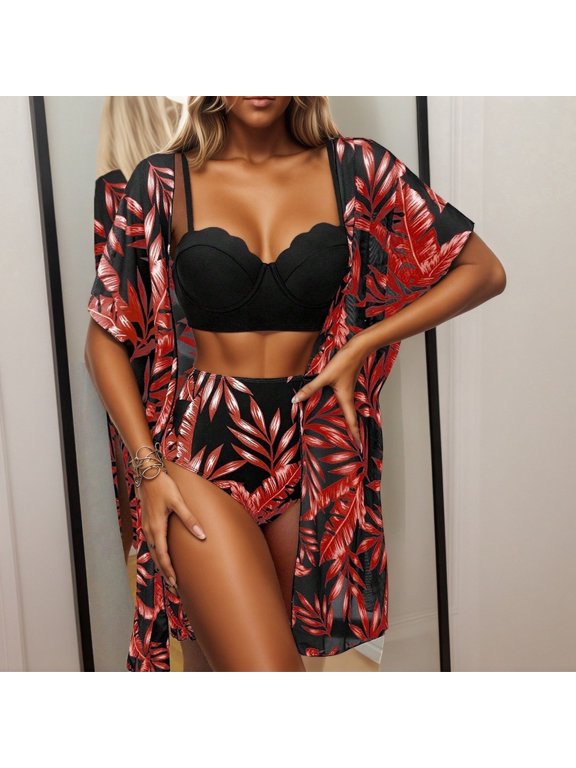 Summersalt swimsuits for women Tropical Island Swimwear Floral Leaf Print Bikini Three Piece Tankini Outfit For Bathing Suits for Women Shorts Set Women's Board Shorts Swimwear Long Womens Shorts Wom