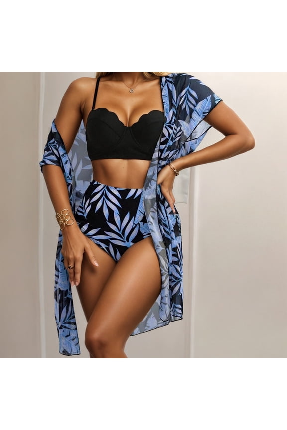 Summersalt swimsuits for women Tropical Island Swimwear Floral Print Bikini Three Piece Tankini Outfit For Tie Front Bikini Top Short Sleeve Women Swimwear with Shorts Bathing Suit Juniors Womens Swi