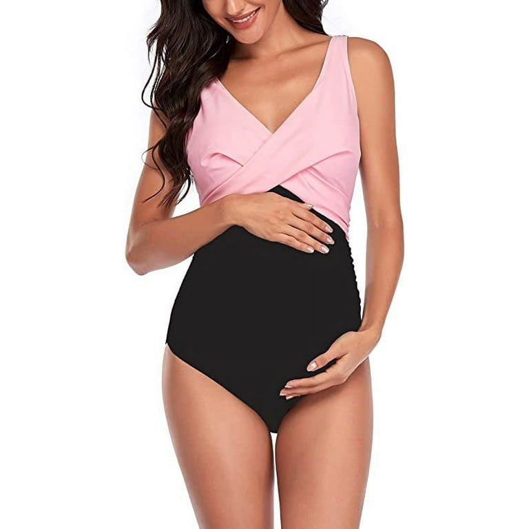 Summersunshine Maternity One Piece Swimwear Front Cross Pregnancy Swimsuit  Bathing Suit Maternity Bikini Pink Black M 