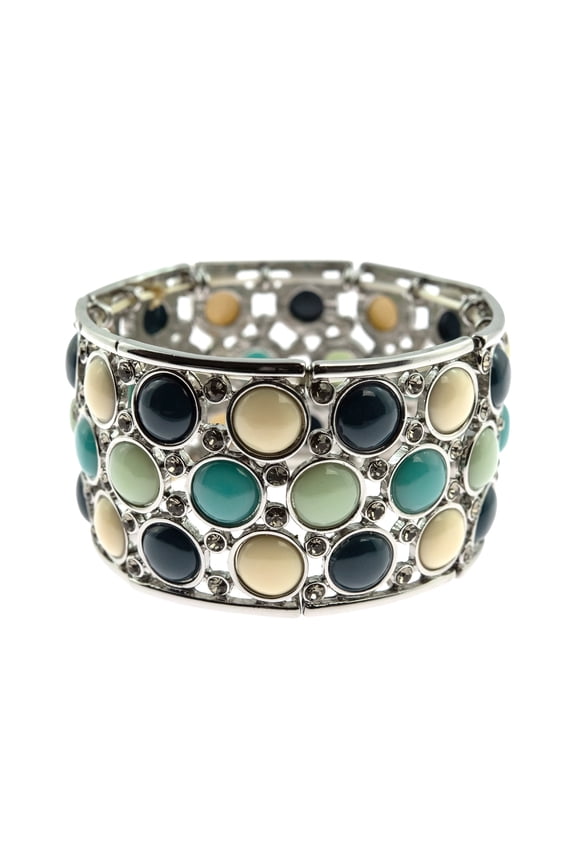 Wide Stretch Bracelet with Multi-Color Blue Beads and Crystal Accents - Summer Beach Fashion Jewelry Bracelet Silver
