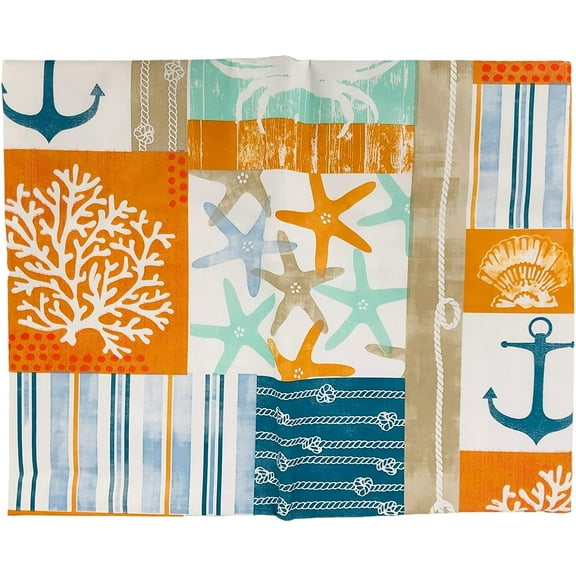 Summertime Nautical Sea Life and Symbols Patchwork Vinyl Tablecloth (52'' x 52'' Square)