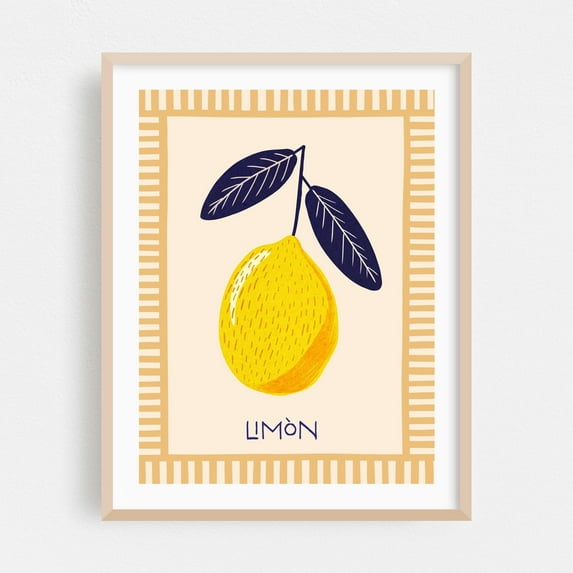 Summervibes - Limon - Illustration Lemon Fruit Kitchen Decor Botanical Modern Art Mediterranean Oak Framed Wall Art Print 12 x 16 inches