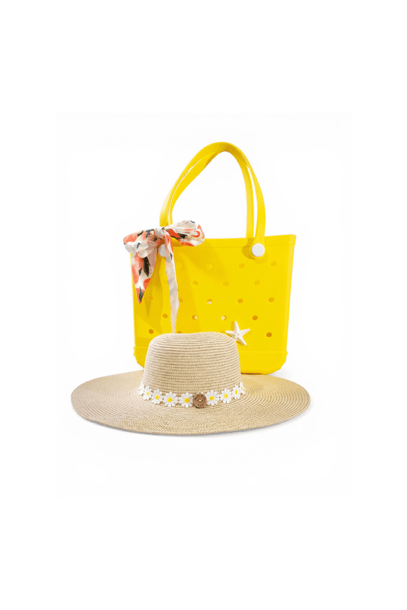 Womens Beach Tote and Hat Set Yellow Waterproof EVA Bag with Scarf Bow Summer Vacation Essentials