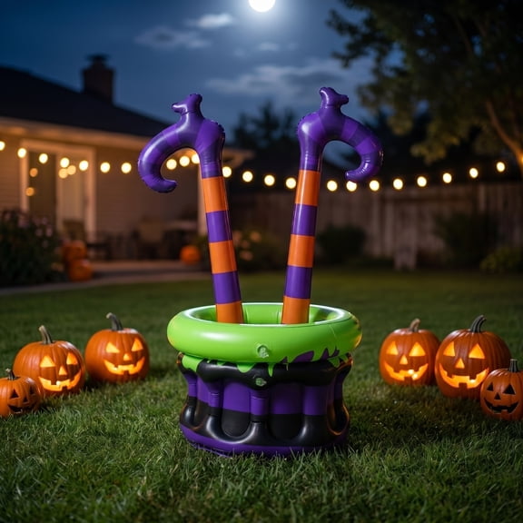 Summerween 1 Pack Halloween Inflatables Striped Witch Leg Drink Cooler, Floating Beverage Container, Summer Inflatables and Pool Party Supplies for Indoor Outdoor Party Use