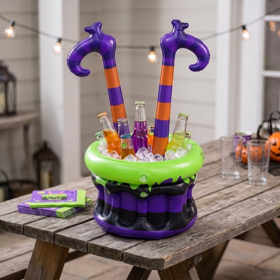 Summerween 1 Pack Pool Party Supplies Witch Leg Inflatable Beverage Cooler, Halloween Inflatables Floating Tub, Multipurpose Summer Inflatables for Themed Pool & Halloween Party
