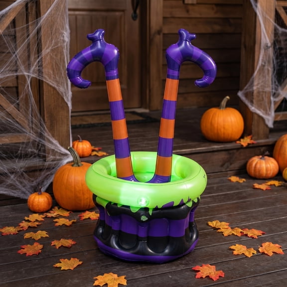 Summerween 1 Pack Summer Inflatables Witch Cauldron Cooler with Witch Legs, Halloween Inflatables Drink Bucket, Pool Party Supplies for Backyard & Pool Holiday Decors