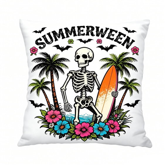 Summerween 17.71 Inch x17.71 Inch Decorative Throw Pillow Cover, Double‑Sided Linen Pillowcase with Surfing Skeleton Ghost Print, Summer Halloween Home Decor