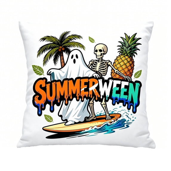 Summerween 17.71 Inch x17.71 Inch Decorative Throw Pillow Cover, Double‑Sided Linen Pillowcase with Surfing Skeleton Ghost Print, Summer Halloween Home Decor
