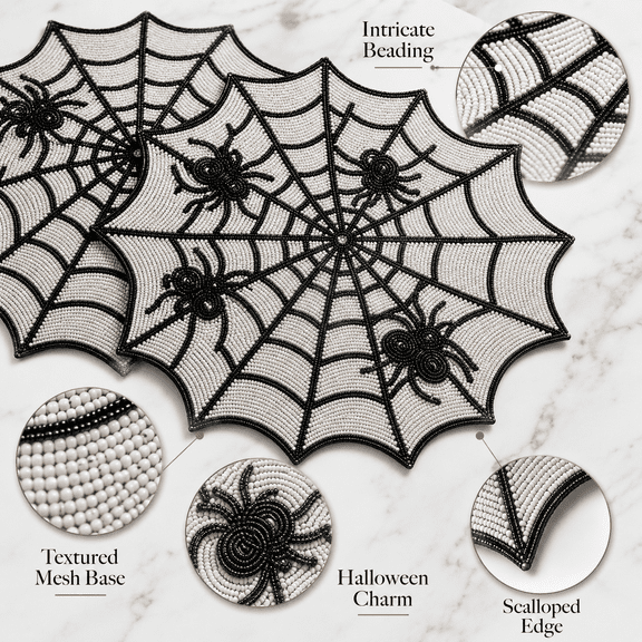 Summerween 2pk Spider Web Beaded Placemats Beaded Spider Web Design With Scalloped Border Holiday Pattern Set Includes 2 Placemats For Table