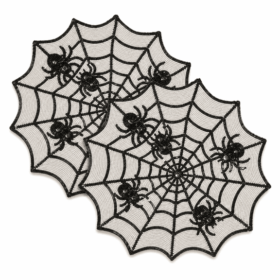 Summerween 2pk Spider Web Beaded Placemats Set Of 2 Halloween Themed Beaded Spider Web Placemats With Scalloped Border And Holiday Pattern