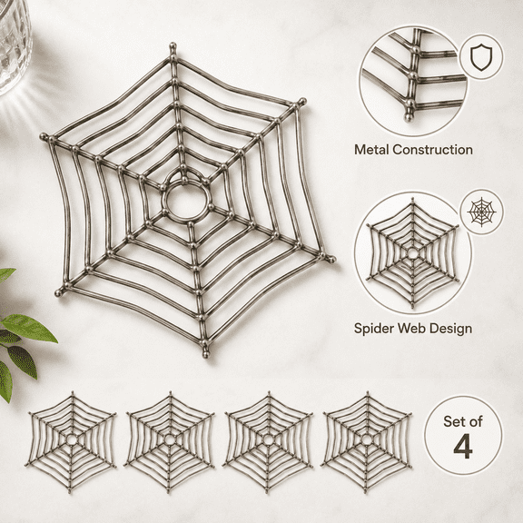 Summerween 4pk Spider Web Metal Coasters Spider Web Design Metal Construction Set Includes 4 Coasters Each 4 Inches Round For Halloween Decor