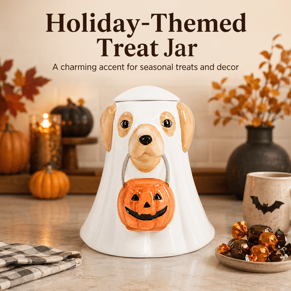 Summerween 8x10 Golden Lab Ghost Treat Jar 8 Inch Diameter 10 Inch Height Lidded Treat Jar Featuring Golden Lab And Ghost Holiday Design