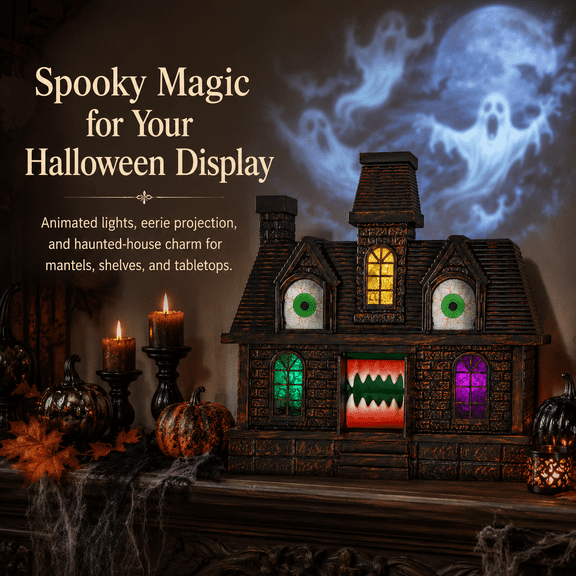 Summerween Animated Haunted House with Projection Creates Chilling Centerpiece With Colorful Windows And Ghost Projection Dimensions 14 X 14.63 X 4.25 Inches