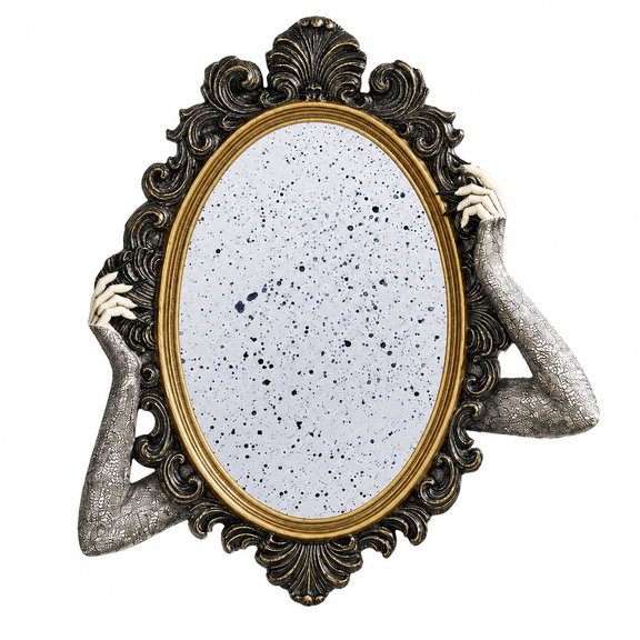 Summerween Animated Mystical Floating Mirror Motion Sensor Halloween Wall Prop with Vertical Movement, Haunted Audio and Gothic Hand Details
