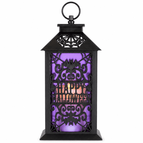 Summerween Black Bats Happy Halloween LED Candle Lantern Black Purple Halloween Table and Hanging Lantern with Spiderweb Bat Cutouts