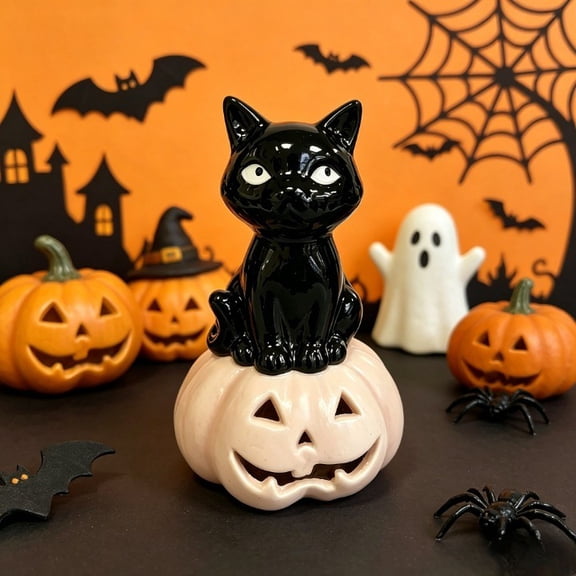 Summerween Black Cat LED Pumpkin Decorative Lamp Black Cat Perched On Pumpkin Shell With Warm Glow For Seasonal Table And Shelf Display