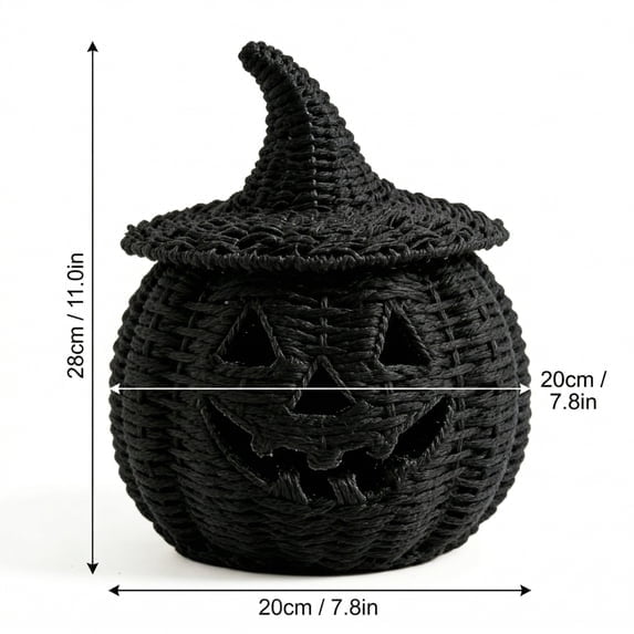 Summerween Black Halloween Pumpkin Jack-O'-Lantern with Detachable Witch Hat Lid, Halloween Jack-O-Lantern Woven Container for Treats, Fall Home Organization & Holiday Decoration