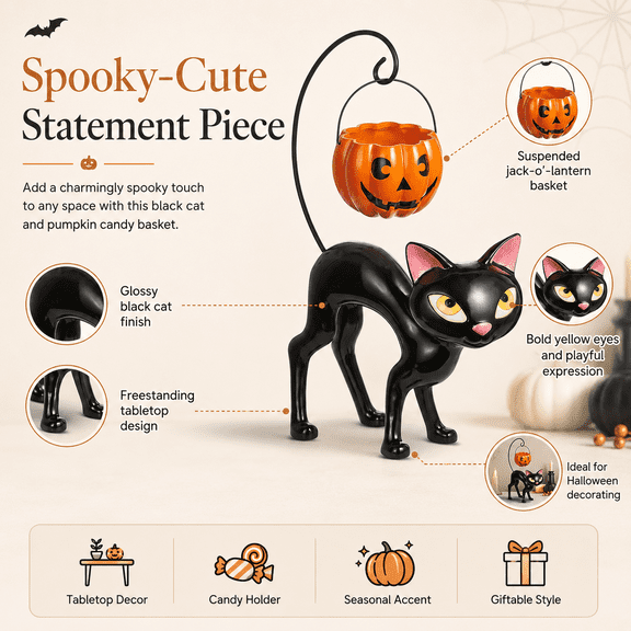 Summerween Cat with Candy Pumpkin Basket Whimsical Halloween Cat Decoration with Pumpkin Treat Basket for Bookshelf and Home Decor