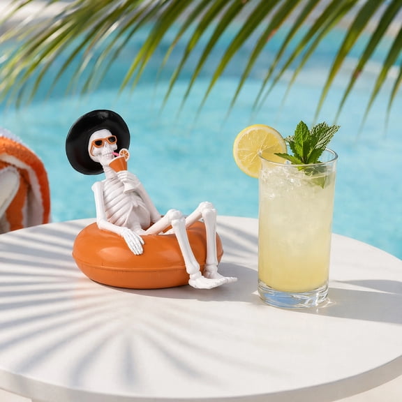 Summerween Cocktail Sipping Skeleton Figurine, Witch Hat Accent, Pool Float Decor for Indoor Mantels, Poolside Areas and Seasonal Home Displays