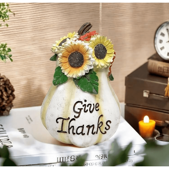 Summerween Creative Resin Pumpkin Ornament for Home Decor Fall Figurine Table Centerpiece Shelf Decoration Craft Decorative Accent Piece with Sunflower Design Tall