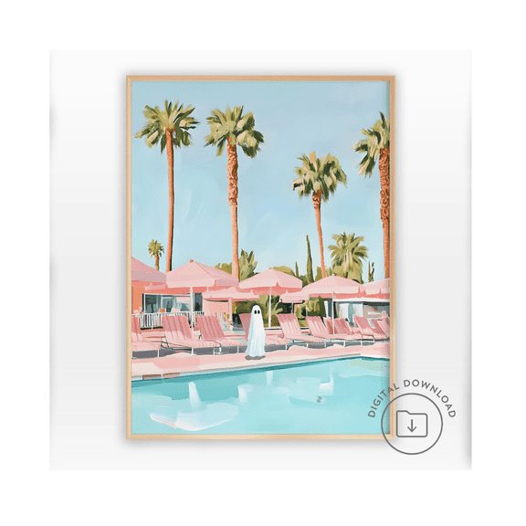 Summerween Cute Ghost Retro Palm Springs Pool Poster Home Decor Office Wall Art
