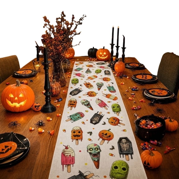 Summerween Decor, Popsicle Skull Print Table Runner, Whimsical Spooky Ice Cream Runner for Kitchen, Dining Room and Summerween Holiday Events